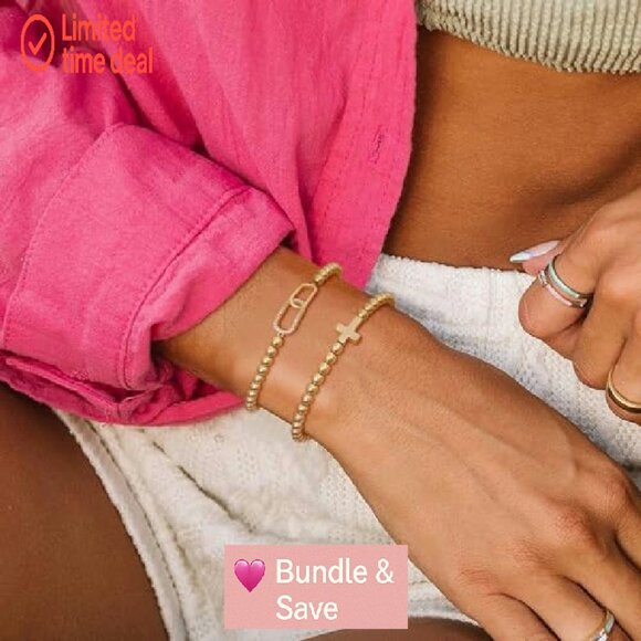 14K Gold Plated Beaded Stretch Bracelet with Cross Charm Stackable - Picture 6 of 8